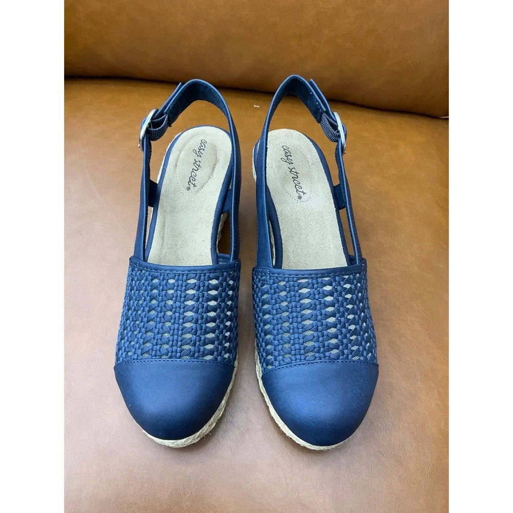 Easy Street Taffy Wedge Sandals Womens 8 Navy Excellent Woven Espadrille
